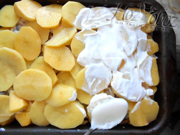 Верхний картофельный слой следует смазать майонезом