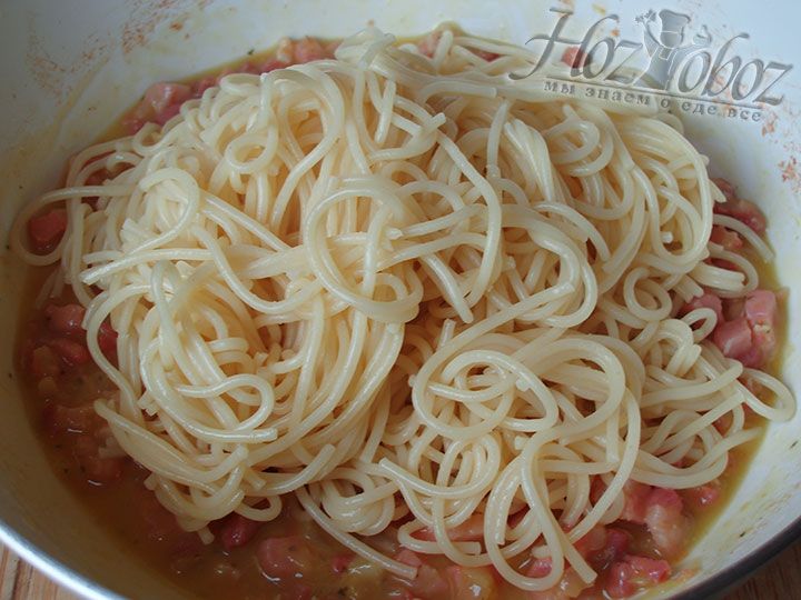 Готовые спагетти выкладываем в сковородку с соусом