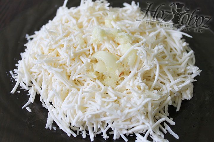 Теперь к натертому сыру выдавим очищенные зубчики чеснока и добавим соль, а еще при желании заправим душистыми травами и специями