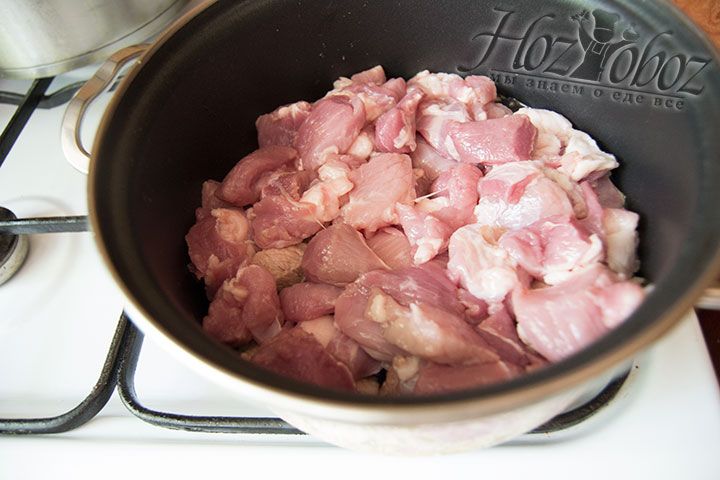 Высыпьте порезанную свинину в маленькую кастрюлю с разогретым растительным маслом