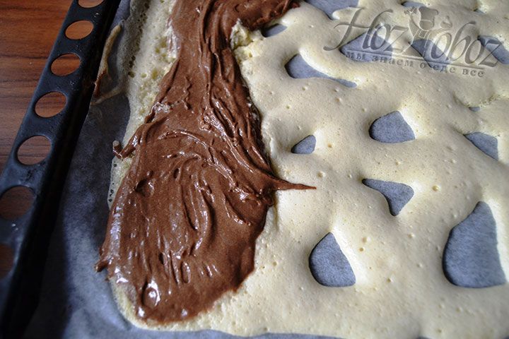 Переместите шоколадное тесто на румяный пласт бисквита